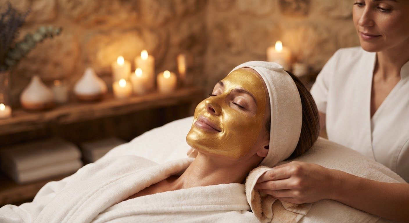 Close-up serene editorial portrait of a woman undergoing a gold-infused dermal facial in an intimate luxury spa with warm candlelit ambiance