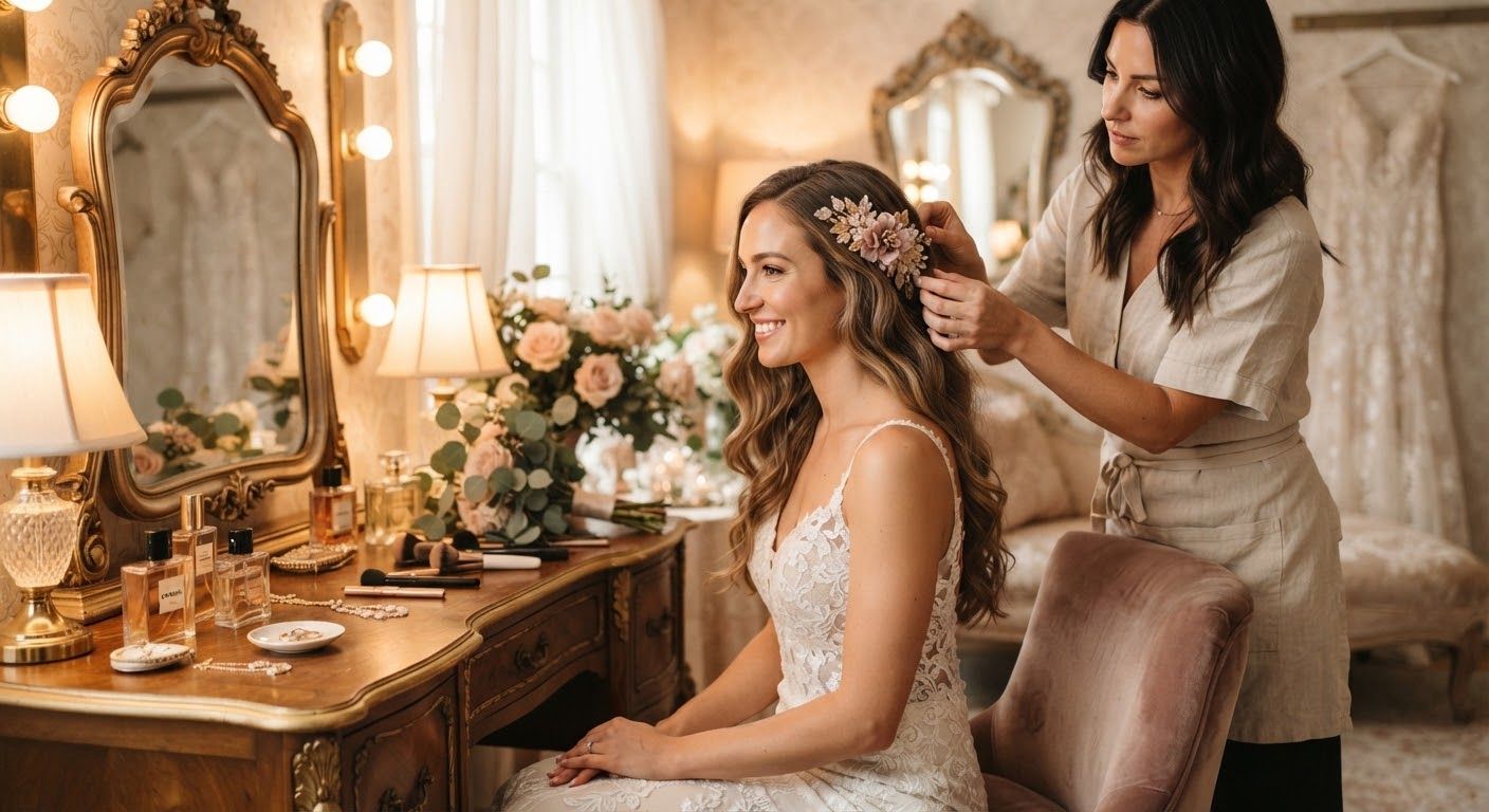 Radiant bride at an antique vanity as a stylist places a floral hairpiece