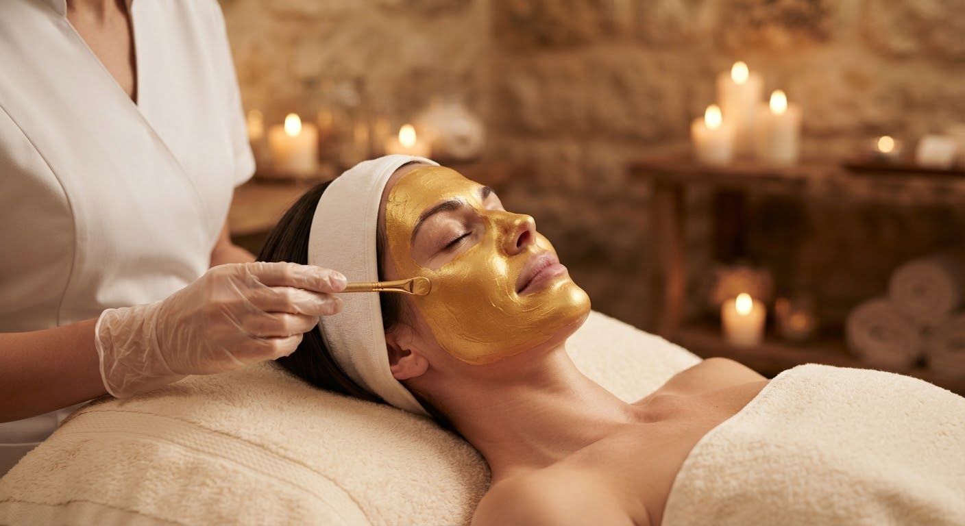 Close-up of a gold-infused dermal facial in a candlelit luxury spa