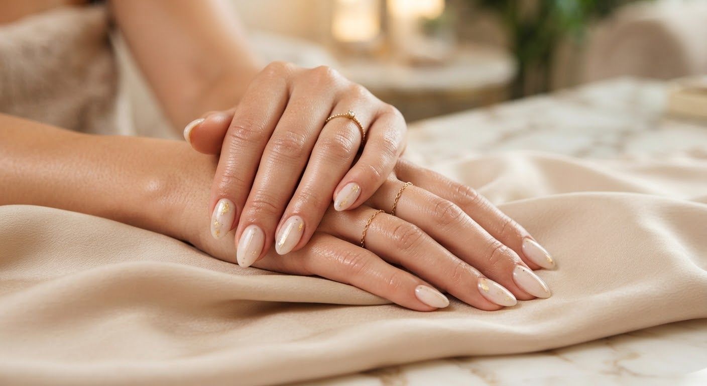 Manicured hands resting on silk champagne drapery with gold leaf accents